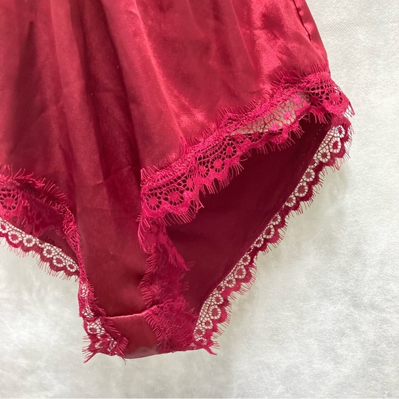 AVID LOVE Silky Satin Lace Halter Teddy Bodysuit One Piece Burgundy Womens Small - Picture 5 of 16